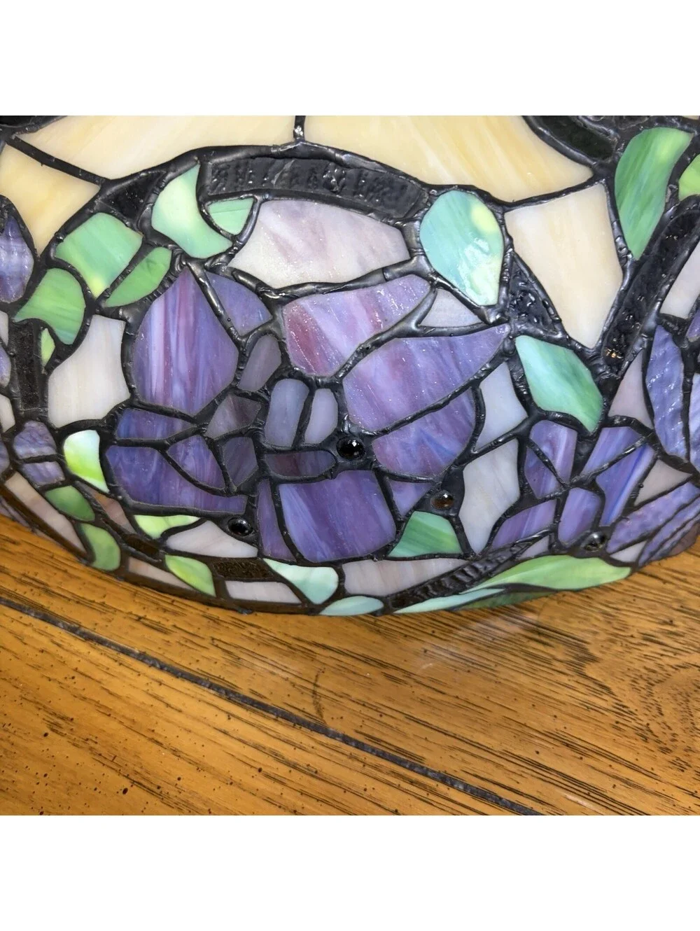 Tiffany Style Stained Glass Lamp Shade 18” Purple Floral Needs Repair